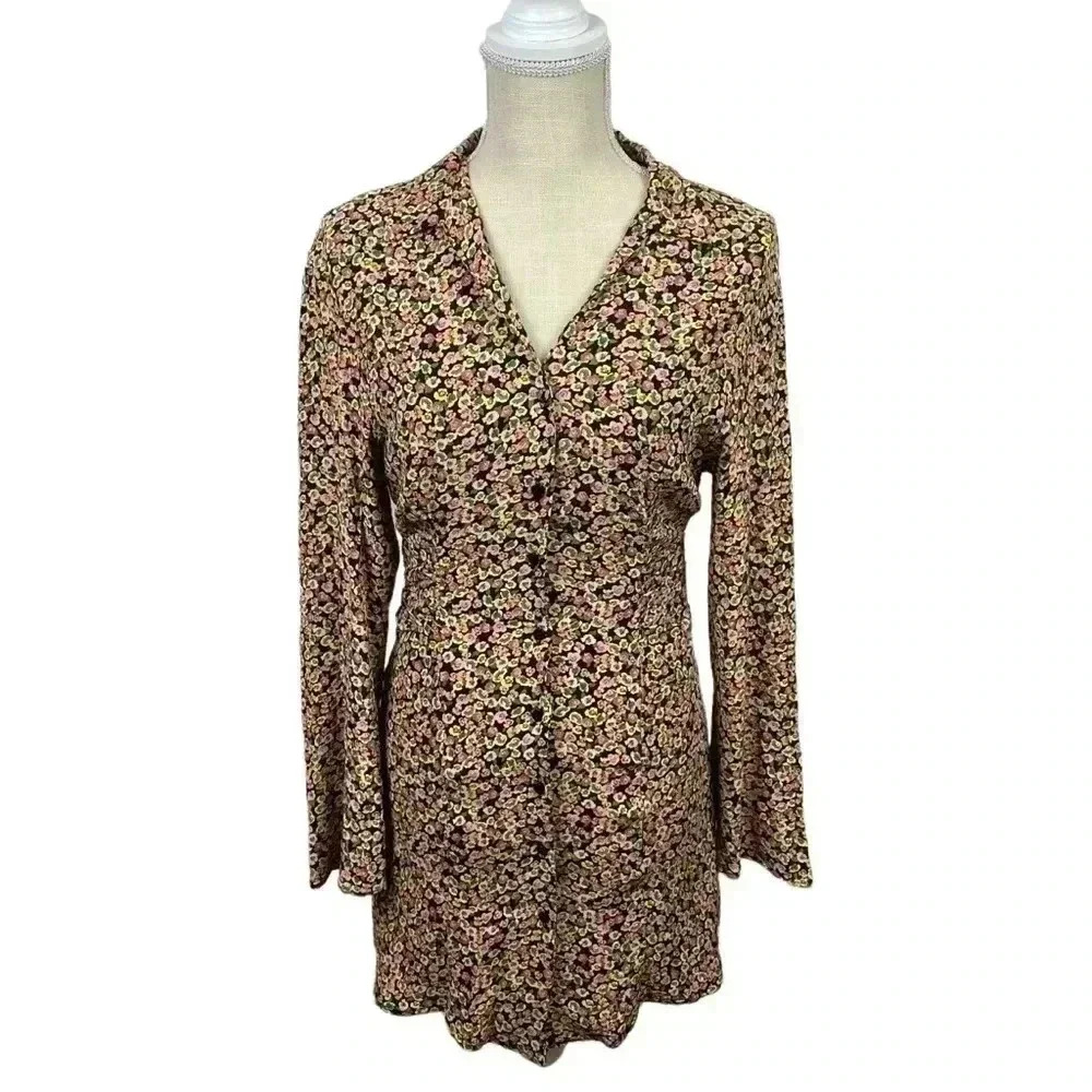 Zara Button Up Dizty Floral Print Long Sleeve Mini Dress Size Small